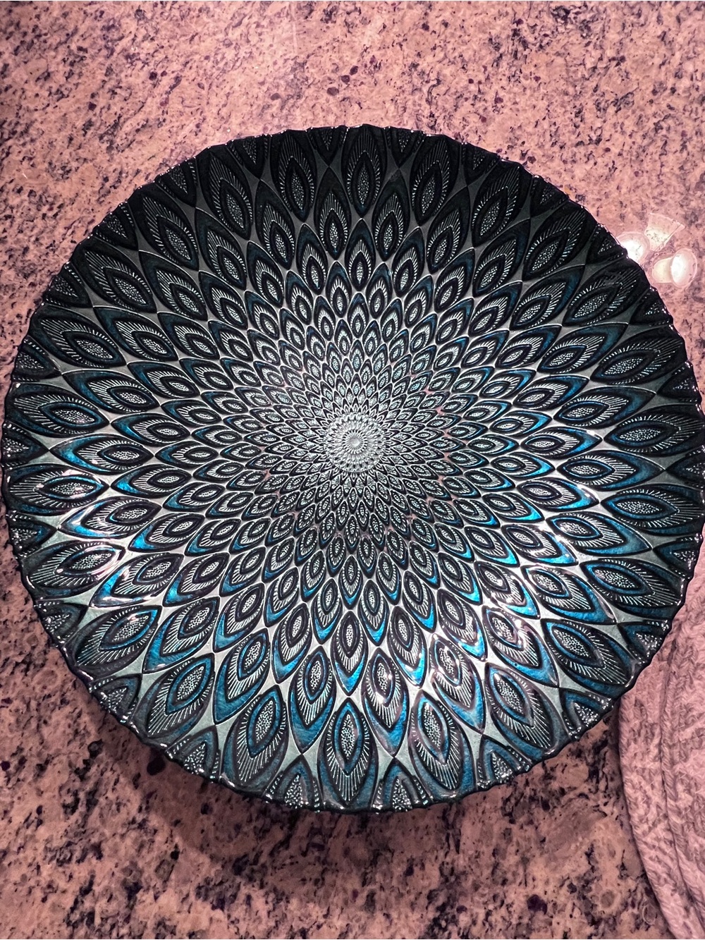 Large, beautiful Turkish peacock feather art glass bowl